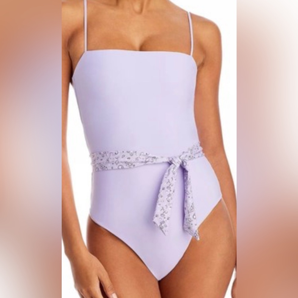 Aqua Lavender One-Piece Swimsuit with Floral Tie Belt